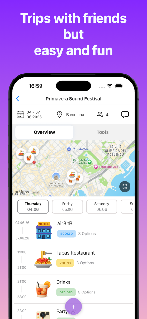 FlowTrip AI Group Trip Planner - FlowTrip AI group trip planner interface displaying a Barcelona festival itinerary map and activity list