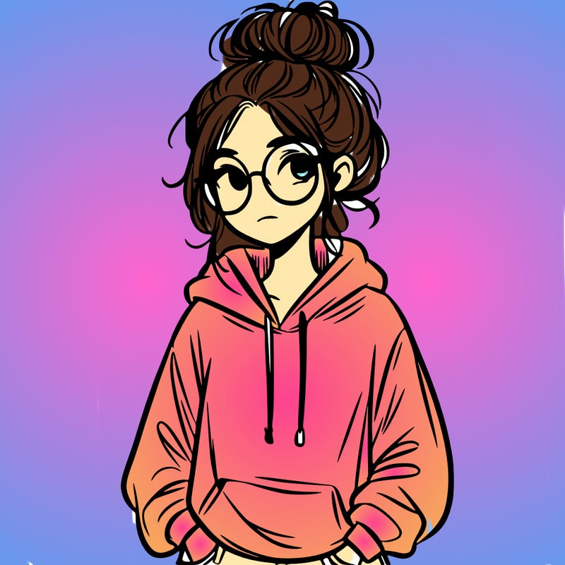 teen girl with a messy bun and glasses wearing a loose hoodie and jeans