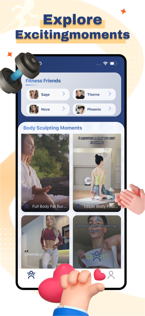 Fitlite - Share & Chat - Fitlite 앱의 인터페이스로, 운동 동영상과 피트니스 커뮤니티 회원들의 소셜 피드를 보여줍니다.