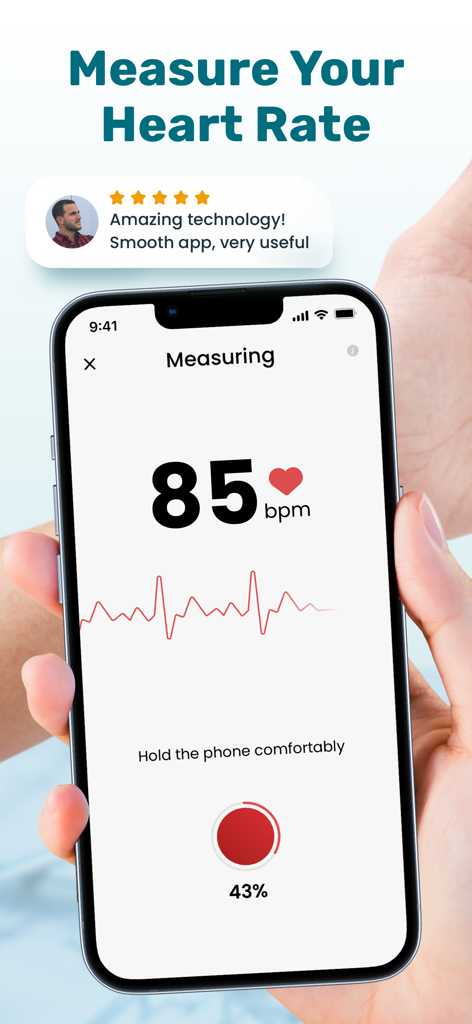 iPhone screen displaying the KeepHeart app measuring heart rate at 85 bpm with an ECG wave