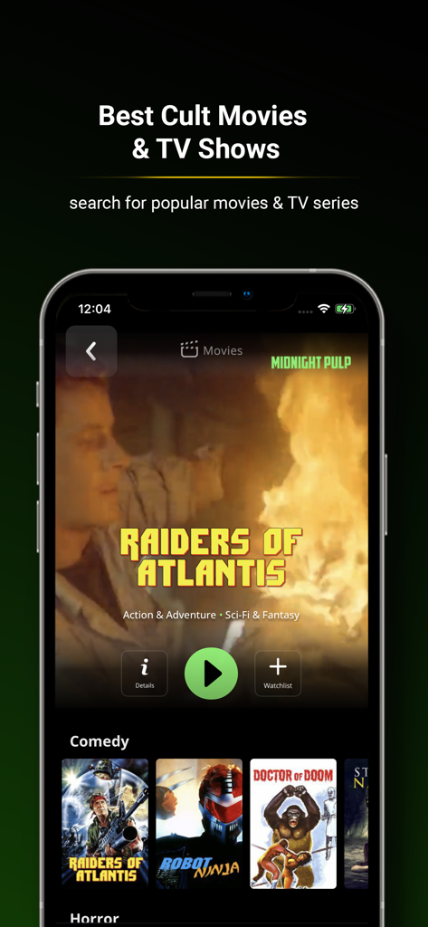 Midnight Pulp - Midnight Pulp app interface featuring cult movies and TV shows