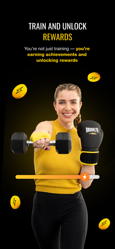 Brooklyn Fitboxing - A woman training with a boxing glove and a dumbbell to unlock fitness rewards and achievements.