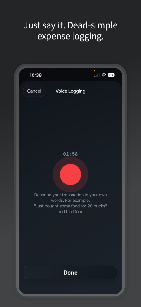 Tres Numeros - Interfaccia di registrazione vocale dell'app Tres Numeros per un tracciamento semplificato delle spese