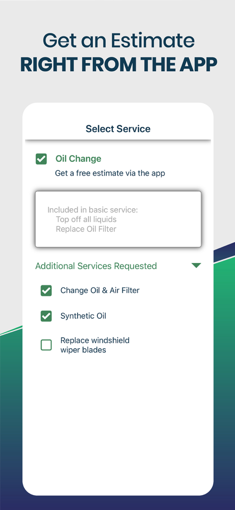 Interfaz de la aplicación UcarMobile que muestra cómo seleccionar un servicio de cambio de aceite y obtener una estimación de precio.