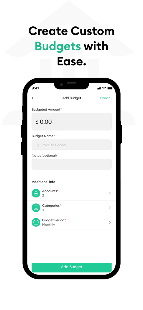 Interfaz de la aplicación StashUp para crear un presupuesto mensual personalizado con campos de cantidad y categoría específicos.