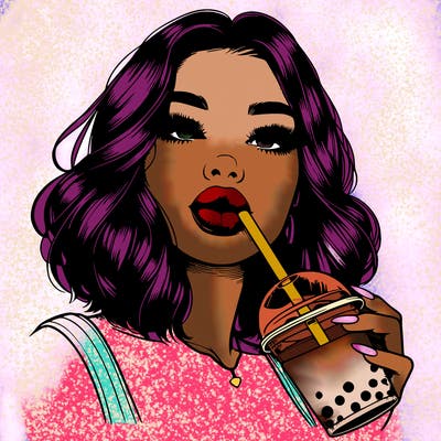 realistic girl with glossy lips holding boba