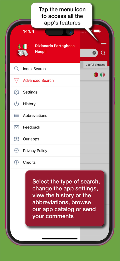 Side menu of the Hoepli Portuguese Italian dictionary app showing index search advanced search history and settings options