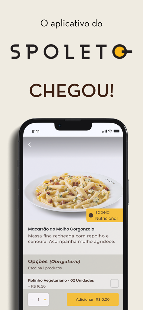 Una pantalla de smartphone que muestra el menú de la app Spoleto con un plato de pasta y un botón de añadir al carrito.