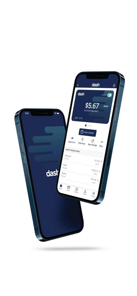 MyDashCard mobile app dashboard displaying account balance and recent transactions
