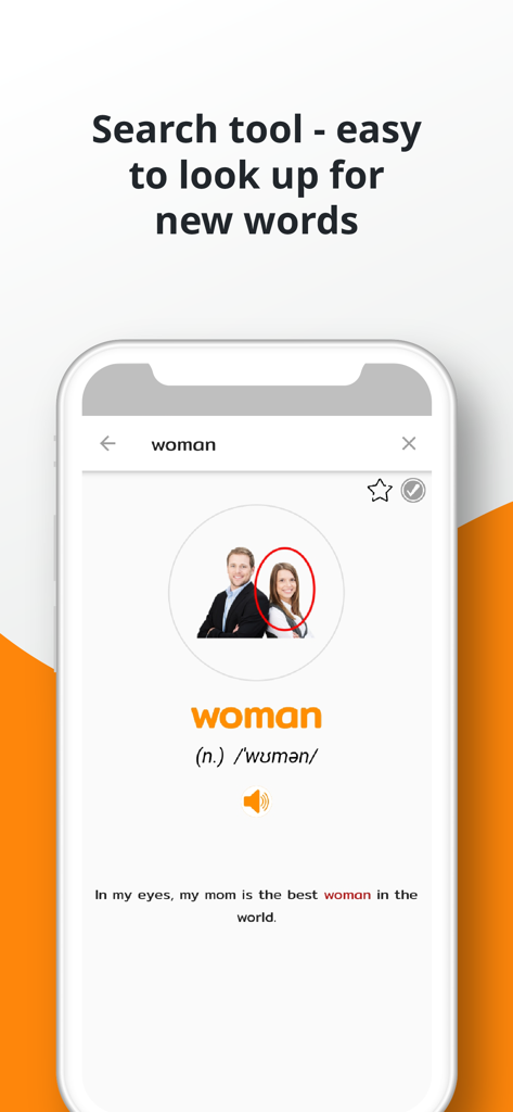 Herramienta de búsqueda de la aplicación PORO English Vocabulary mostrando la palabra mujer con su imagen, pronunciación fonética y oración de ejemplo.