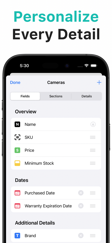 Interface de l'application Boxflow montrant comment personnaliser les champs d'inventaire comme le prix SKU et les niveaux de stock