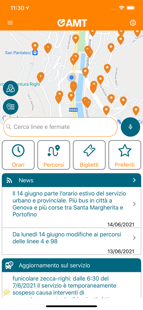 The home screen of the AMT Genova transit app featuring a map search bar and icons for schedules routes and tickets
