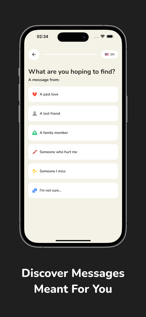 The Unsent Project - Pantalla de la aplicación móvil El Proyecto No Enviado que muestra opciones para encontrar mensajes anónimos de un amor pasado, un amigo perdido o un miembro de la familia.