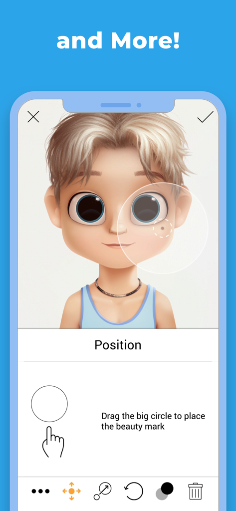Dollify - Dollify app interface showing the customization tool for placing a beauty mark on an avatar character.