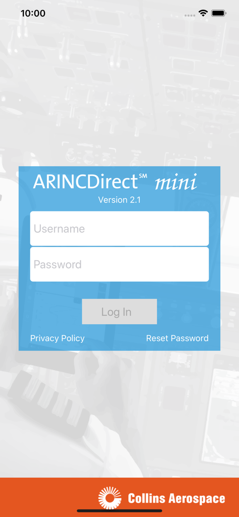 ARINCDirect Mini mobile app login interface showing username and password fields