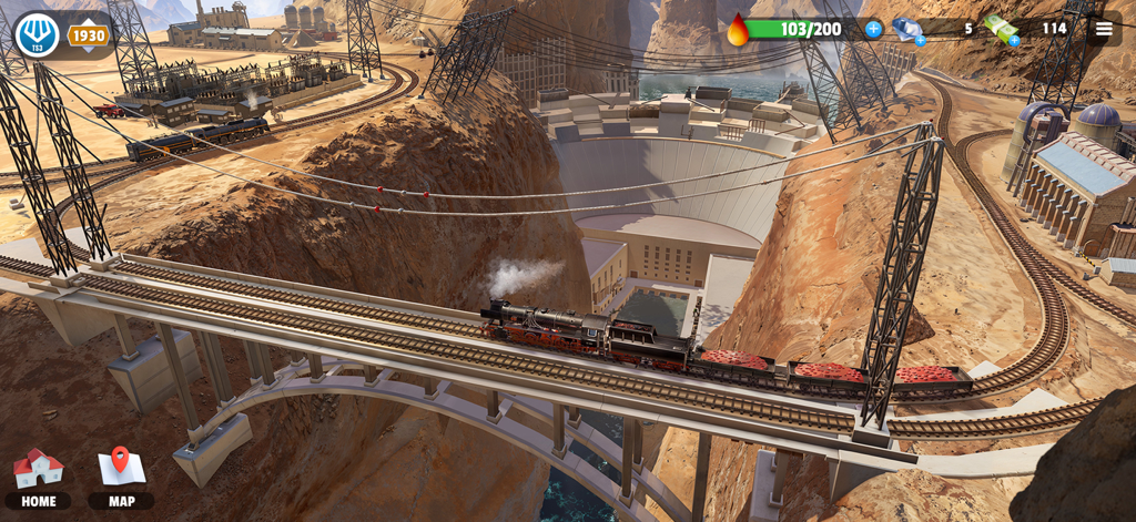 Train Station 3 - Una locomotiva a vapore che trasporta merci su un alto ponte ferroviario in un canyon desertico con una grande diga sullo sfondo.