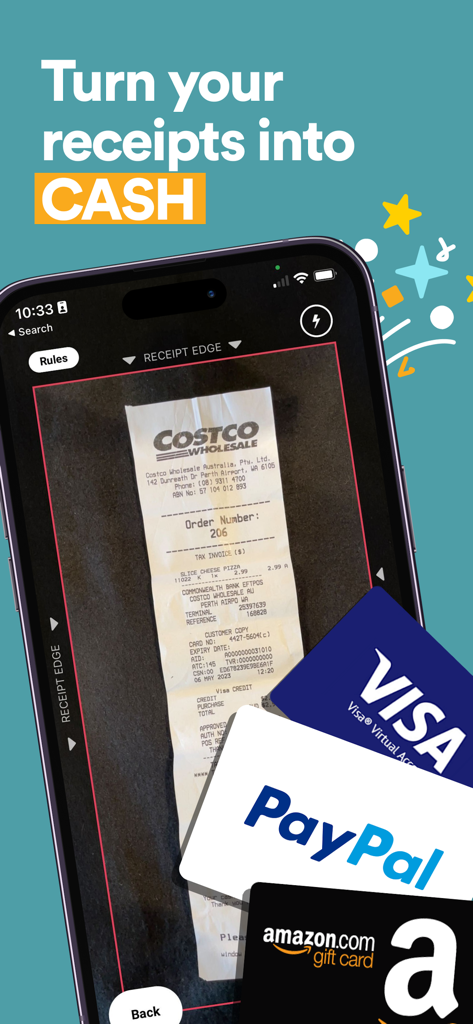 ReceiptJar app interface showing a Costco receipt being scanned to earn Visa, PayPal, and Amazon gift cards.