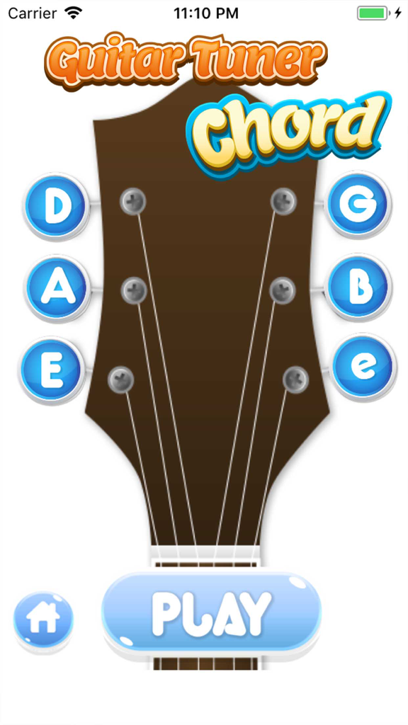 Perfect Guitar Tuner & Chords - Interfaz de la aplicación de un afinador de guitarra que muestra un clavijero con botones de afinación para las cuerdas Mi La Re Sol Si Mi.