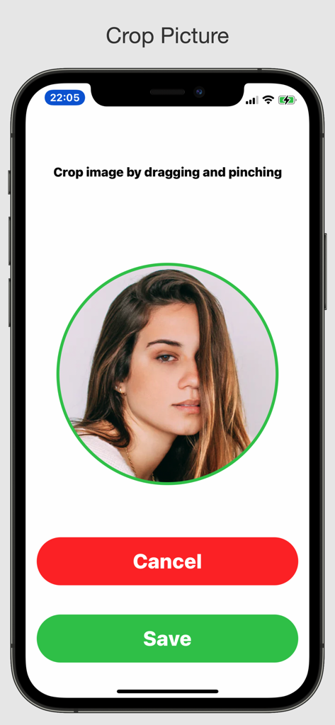 Contact Pics Adder - Una interfaz de usuario para recortar una foto de contacto en un marco circular con botones de guardar y cancelar.