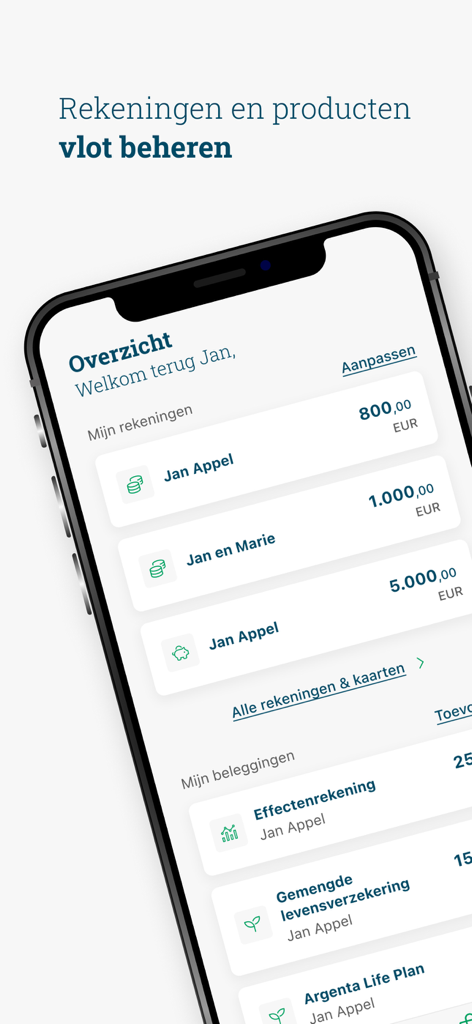 Argenta Banking - Tableau de bord de l'application mobile Argenta affichant les comptes utilisateurs et les soldes d'investissement