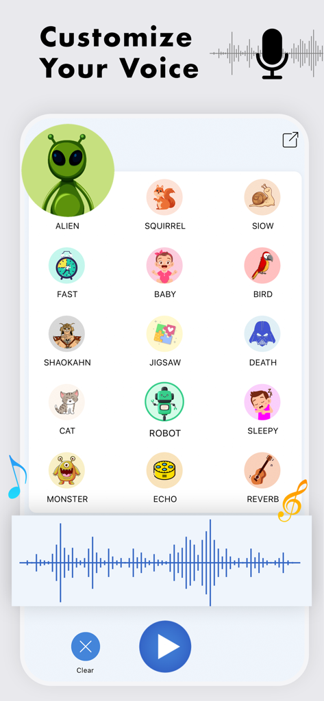Girls Voice Changer ! - Mobile screen of Girls Voice Changer app showing voice filters like alien and baby with a waveform display