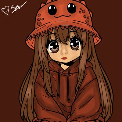 girl with anime shaped eyes with a dinosaur bucket hat oversized sweatshirt long straight hair