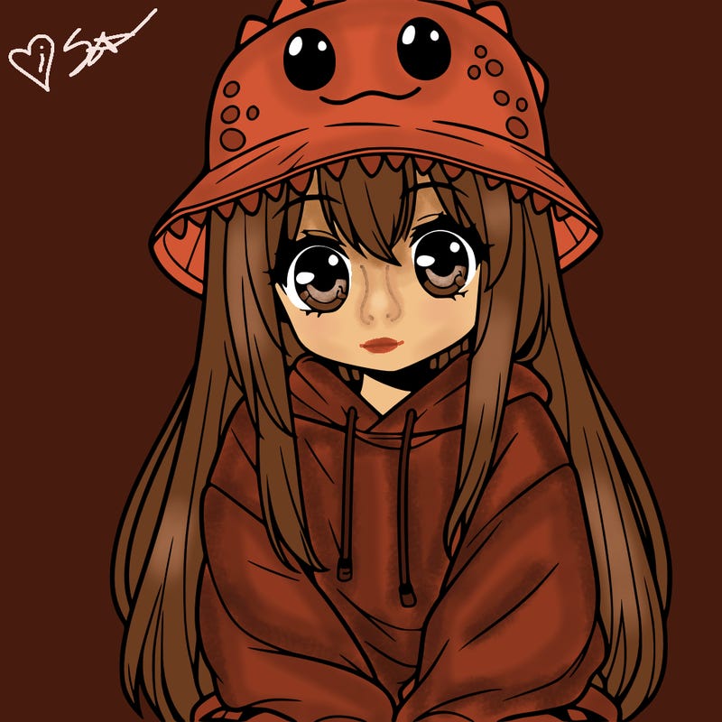 girl with anime shaped eyes with a dinosaur bucket hat oversized sweatshirt long straight hair