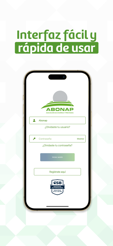 Abonap - Pantalla de inicio de sesión de la aplicación de banca móvil Abonap en un iPhone que muestra los campos de nombre de usuario y contraseña en español