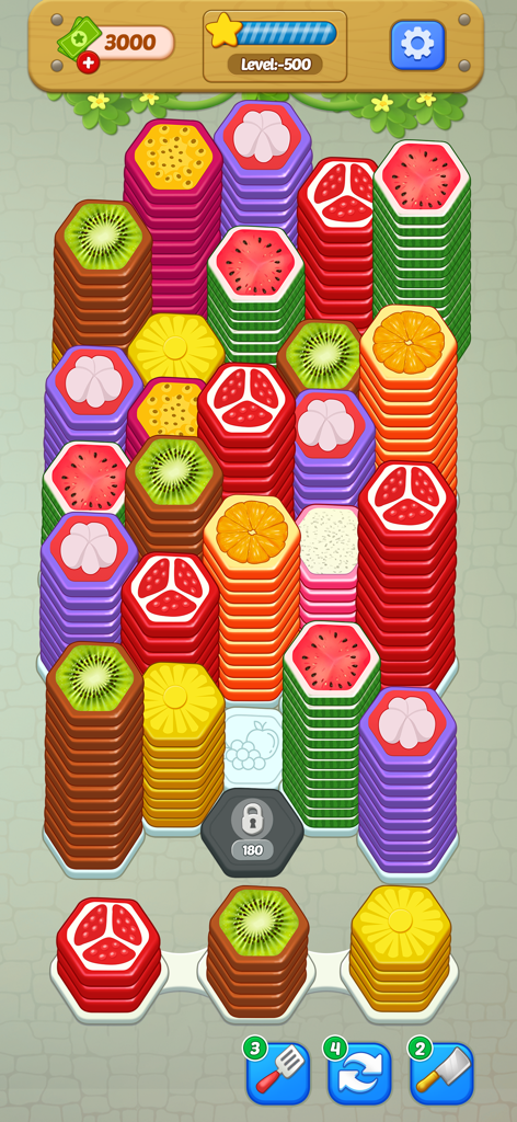 Color Hexa Master: Sort Puzzle - Gameplay of Color Hexa Master showing fruit-themed hexagonal stacks for sorting
