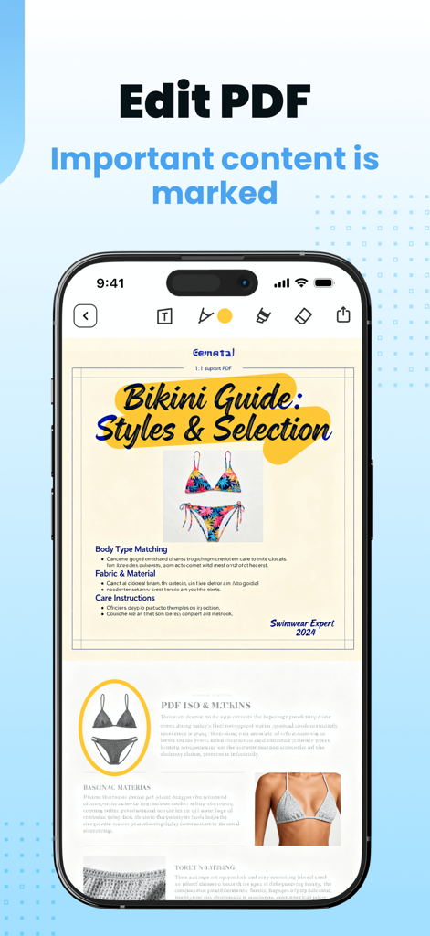 Easy PDF Reader - Scan & View - Smartphone-Bildschirm zeigt die Oberfläche der Easy PDF Reader App mit einem hervorgehobenen PDF-Dokument und Bearbeitungswerkzeugen
