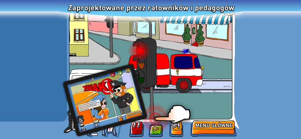 Edukacja drogowa dla dzieci - Interfaz educativa que muestra un camión de bomberos en un semáforo en rojo y una lección de señales de tráfico para niños