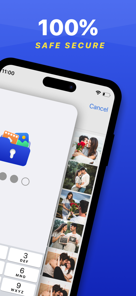Photo Vault & App Lock Safedoc - Interfaz de la aplicación móvil SafeDoc que muestra una galería de fotos segura protegida por un código PIN