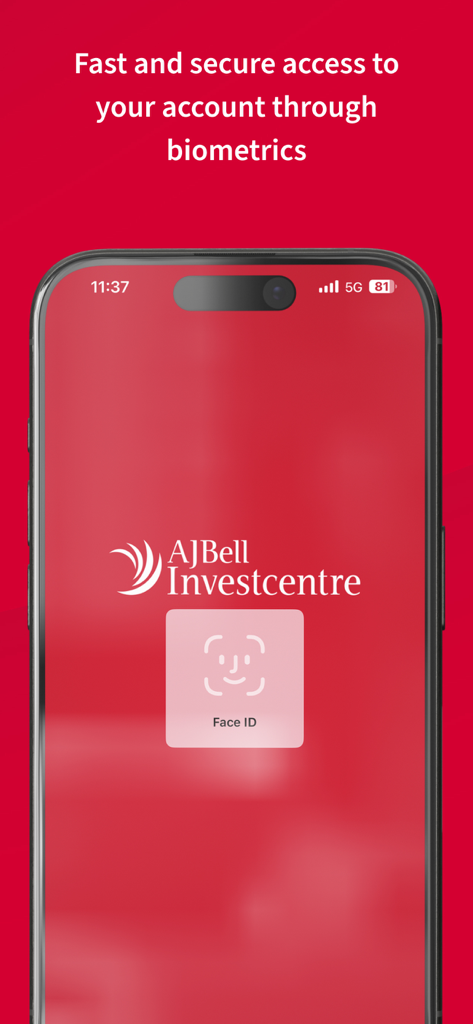 AJ Bell Investcentre app login screen featuring Face ID biometric authentication for secure access.