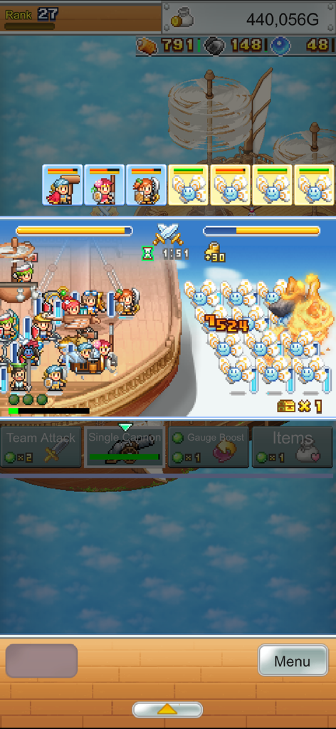 Pixel art battle scene in Skyship Quest Story showing an airship crew fighting a swarm of enemies in the sky.