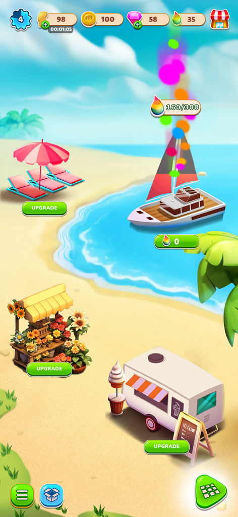 Summer Love: Merge & Story - A sunny beach scene in the Summer Love mobile game featuring a sailboat and upgradeable resort items