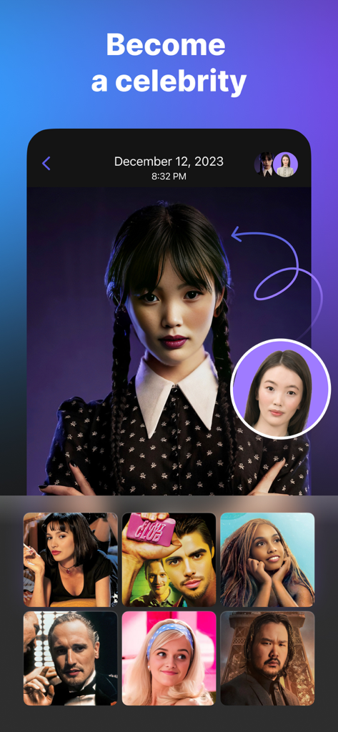 Interface do aplicativo Face Swapper mostrando o rosto de um usuário trocado em um personagem de celebridade