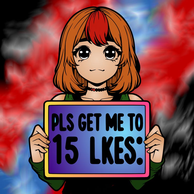 realistic girl holding up a sign that says “pls get me to 15 likes!”
