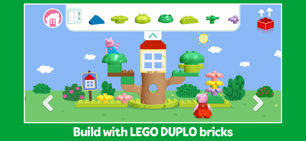 Personajes de Peppa Pig y una casa del árbol de LEGO DUPLO siendo construida con ladrillos virtuales