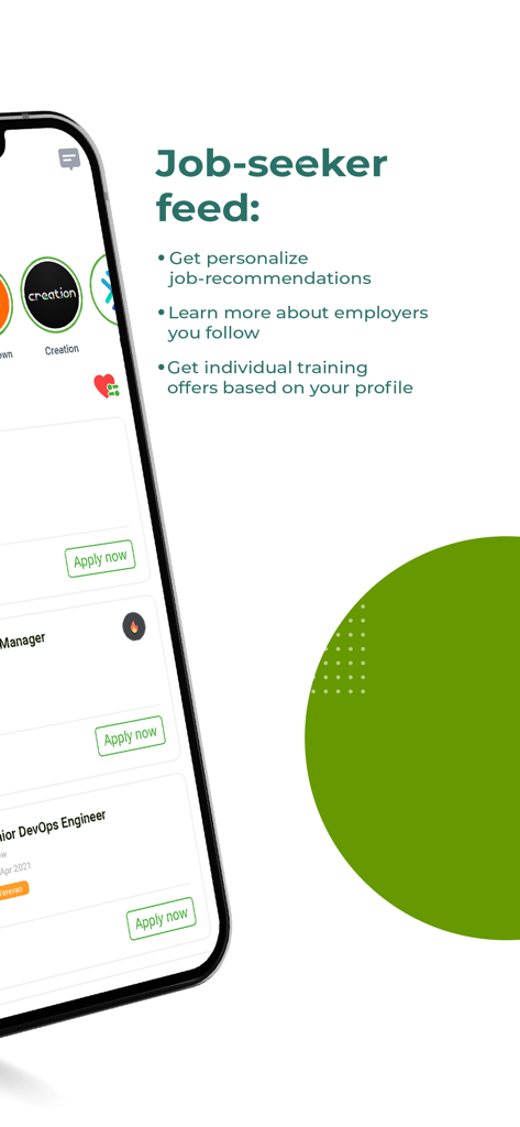 Staff.am - Staff.am app interface showing personalized job recommendations and training offers in the job seeker feed.