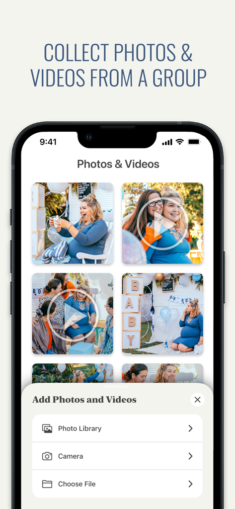 The Memento app interface showing how to collect photos and videos from a group for a shared baby shower album.