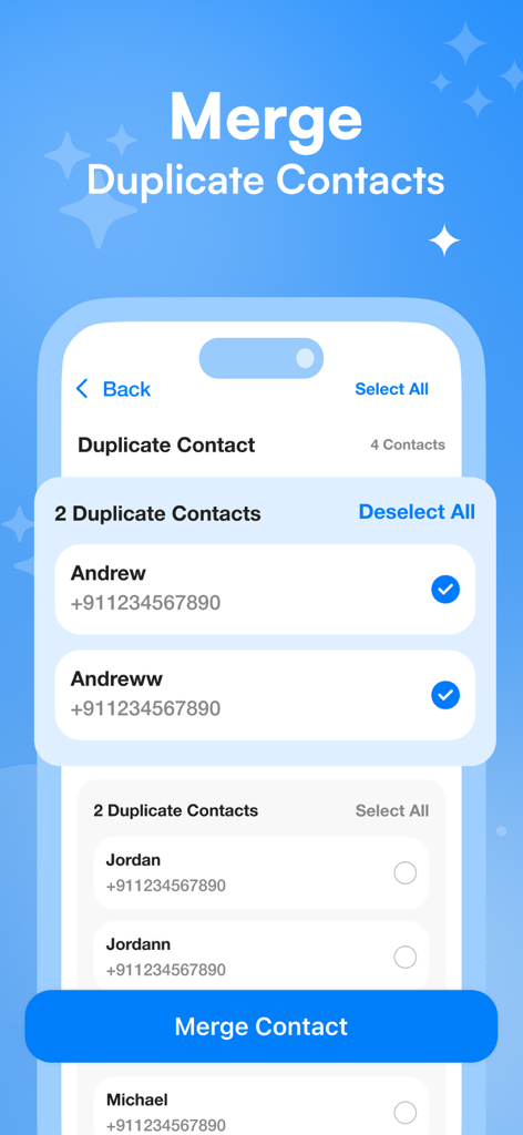 Schermata dell'iPhone che mostra la funzione di iCleanup per identificare e unire contatti duplicati per organizzare la rubrica