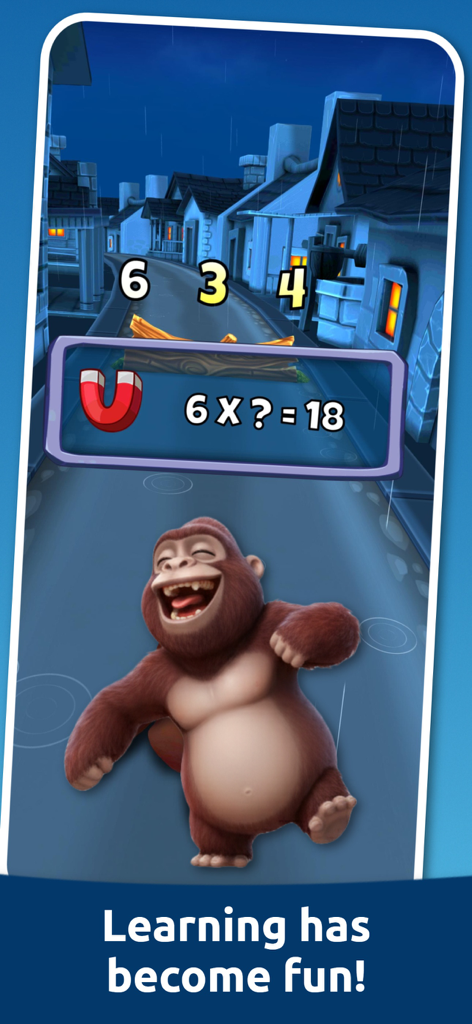 Math Games: Toon Math - A cartoon gorilla in a night scene solving a multiplication equation in an endless runner game
