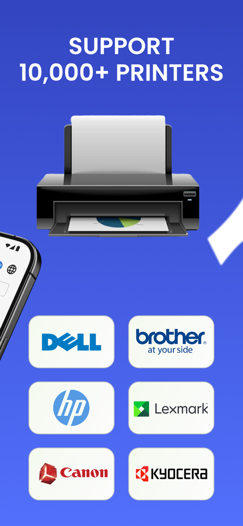 iPrint Scan Smart Printer App - Interfaz de la aplicación de impresora inteligente mostrando soporte para más de 10000 marcas de impresoras incluyendo HP Brother Canon y Lexmark