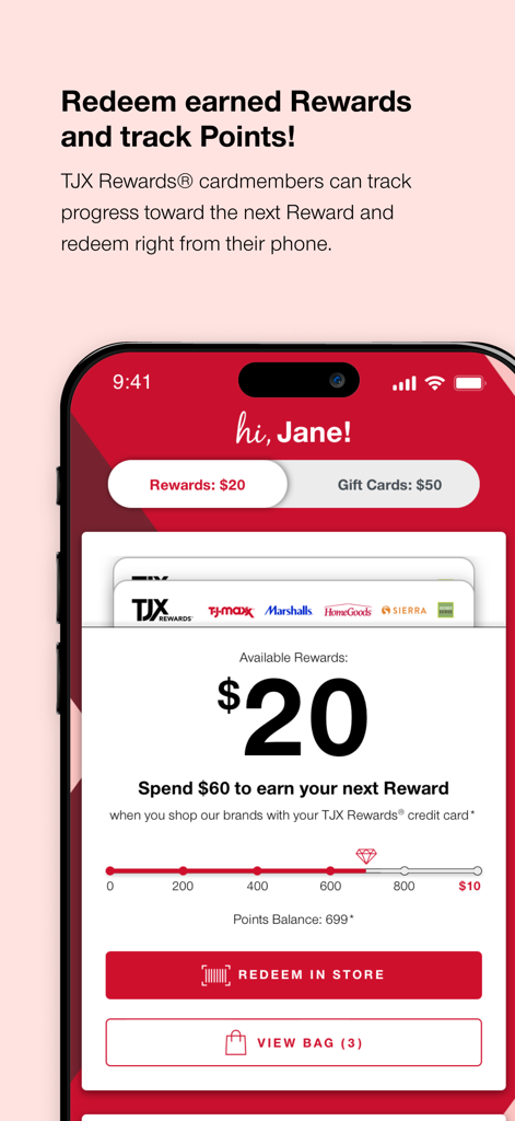 T.J.Maxx app interface showing earned rewards and point tracking progress