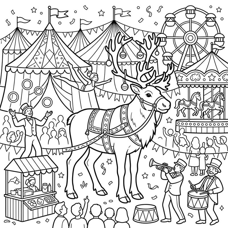 Experience the joy and excitement of a bustling carnival featuring a majestic Tundra Reindeer at its heart. This intricate coloring page invites you to dive into a world of tents, rides, and lively performers, perfect for a fun creative escape.