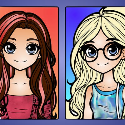 two pretty girls one with long hair one with short hair and glasses