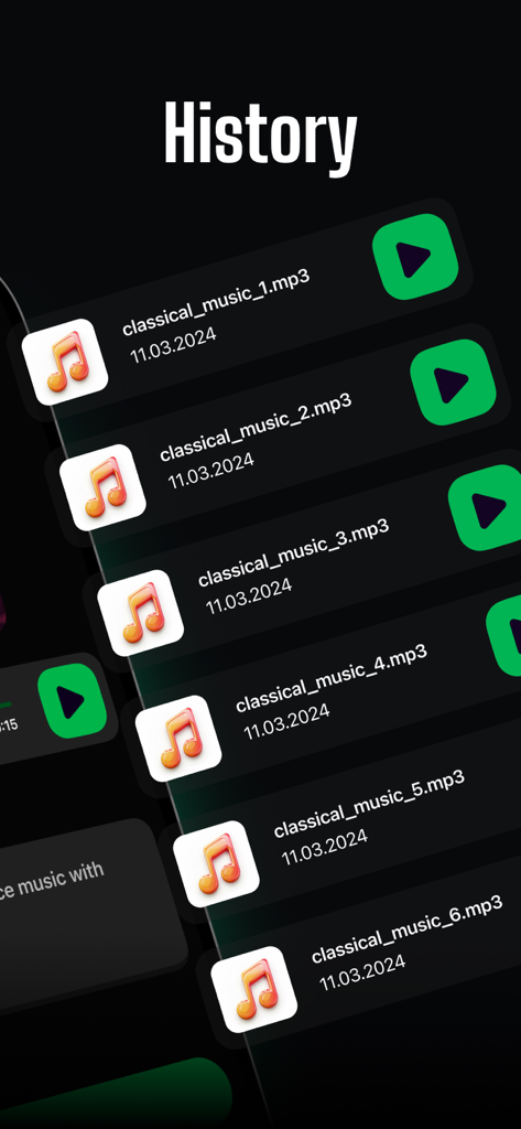History screen of the AI Music Generator app showing a list of generated songs