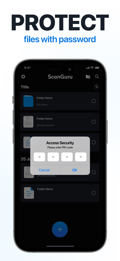 ドキュメントのセキュリティとファイル保護のためのPINコード入力画面を表示したScanGuruアプリ