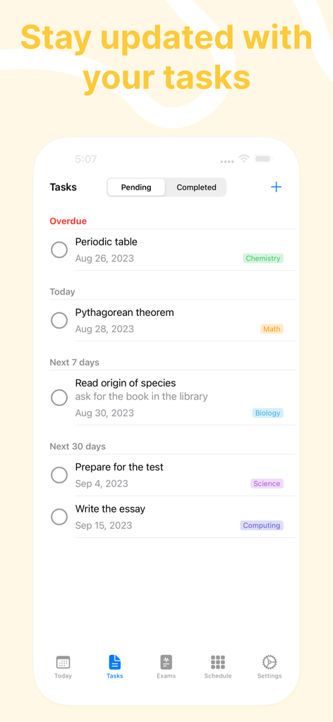 InClass - School Planner - A screenshot of the InClass app task manager showing a list of school assignments categorized by due dates with color-coded subjects.