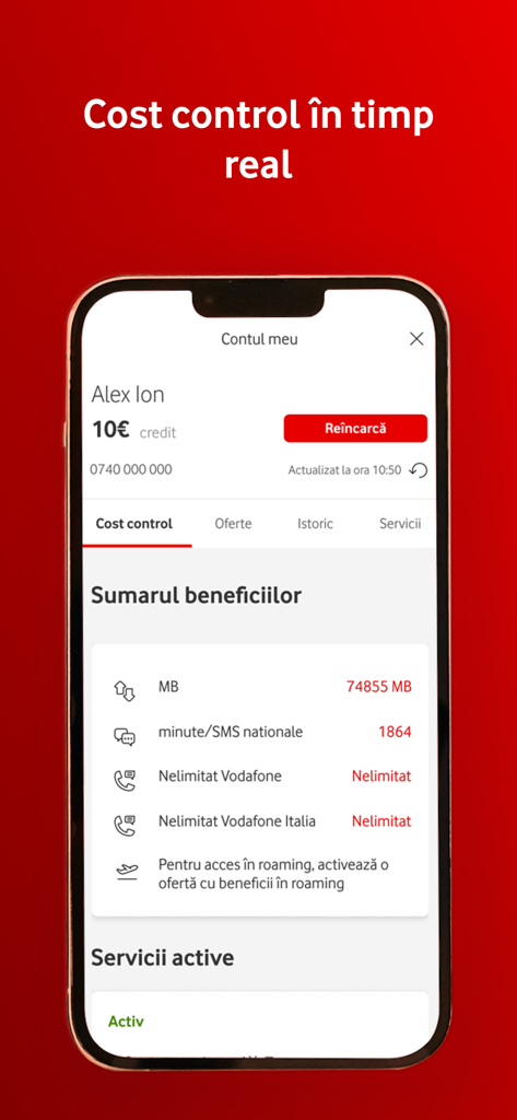 Controllo dei costi in tempo reale e riepilogo dell'utilizzo dei dati nell'app My Vodafone Romania.